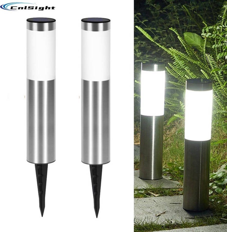 CNL Sight Solar priklamp 'Lucifer'(Maat L) Set van 2 stuks (8*56.5CM) -Padverlichting- Rond RVS -buitenlampen Priklamp op zonne-Solar Grondspots -Tuinverlichting op zonne-energie