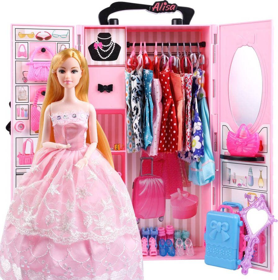 CNL Sight Super Poppen Kledingkast met poppen- Poppenkleertjes set (50stuks)-geschikt voor barbiepop-Poppenkleding en accessoires-set van 50 stuks-met 30 cm Poppen