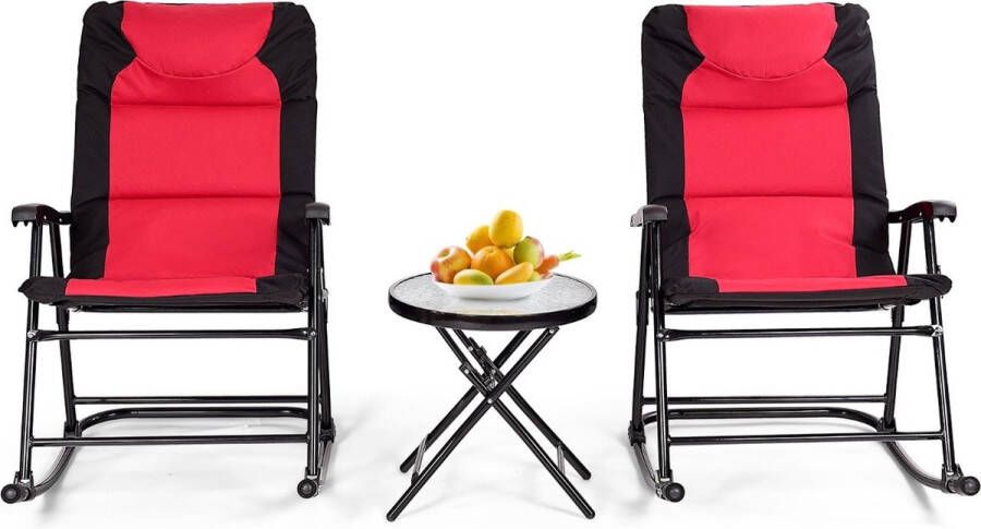 COAST™ Coast 3-Delige Schommelstoel Ligstoel met Bijzettafel Tuinligstoel Rood + Zwart