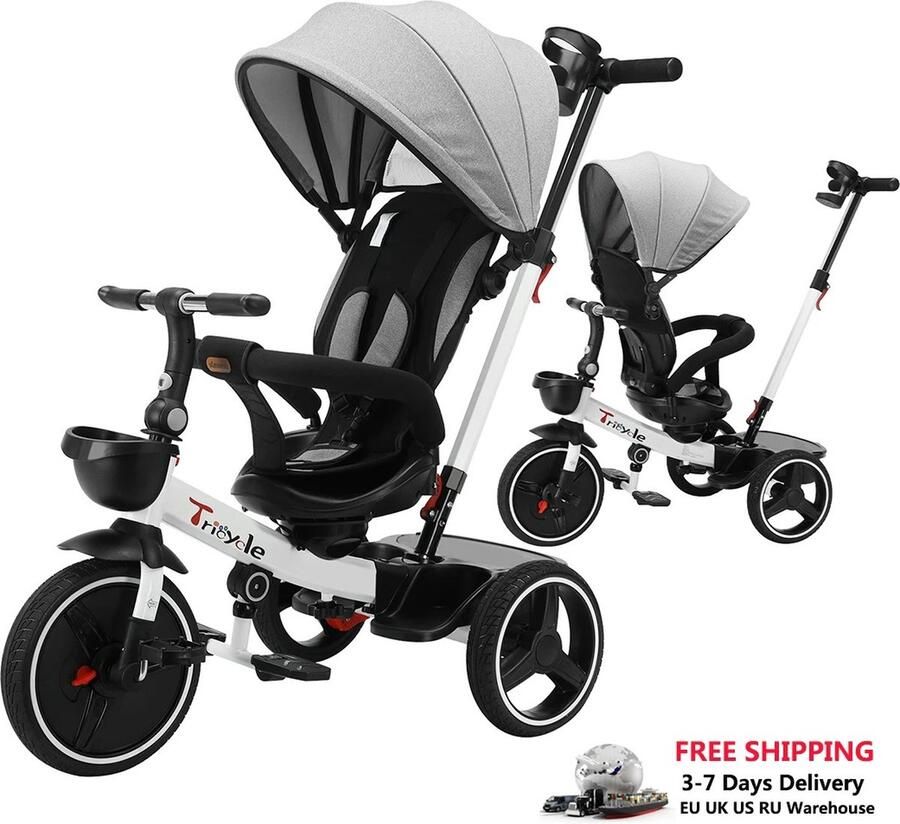 Coco Kinderwagen Driewieler Fiets Met Duwstang 360 Graden Rotatie Grijs Hoge Kwaliteit 6 in 1