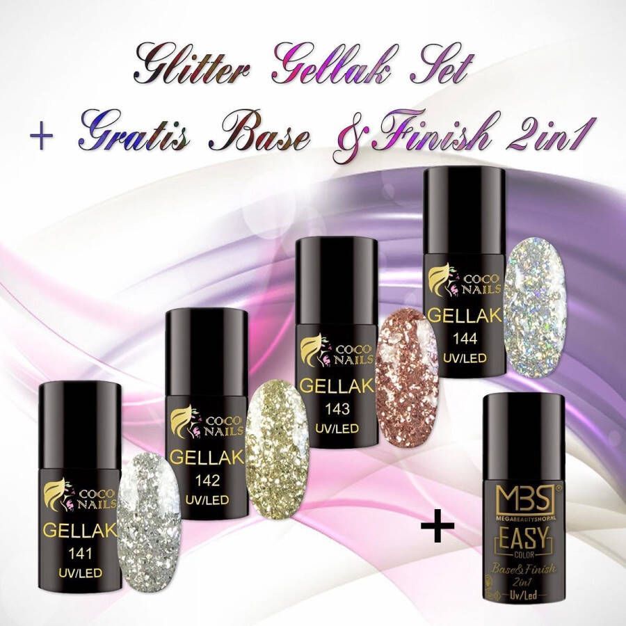 Coconails Gellak glitter set met Base&Finish 2in1 Gellak Gel nagellak Gel Polish Top coat gellak