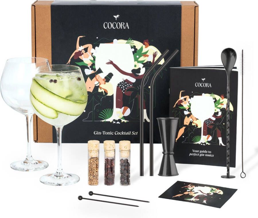 Cocora Gin Tonic Geschenkset 12-delige RVS Cocktail Set Tritan Kristalglazen Cocktail Boek (10+ recepten) Luxe Cadeauverpakking Geschenkset Vrouwen & Mannen Zwart