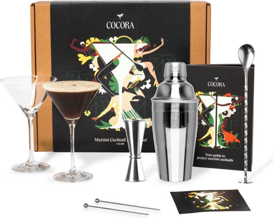 Cocora Mocktail Pakket 9-delige RVS Cocktail Set Cocktailshaker Martini Glazen Mocktails Boek (Nederlands) met alcoholvrije cocktails recepten (Pornstar Espresso Martini) Zilver