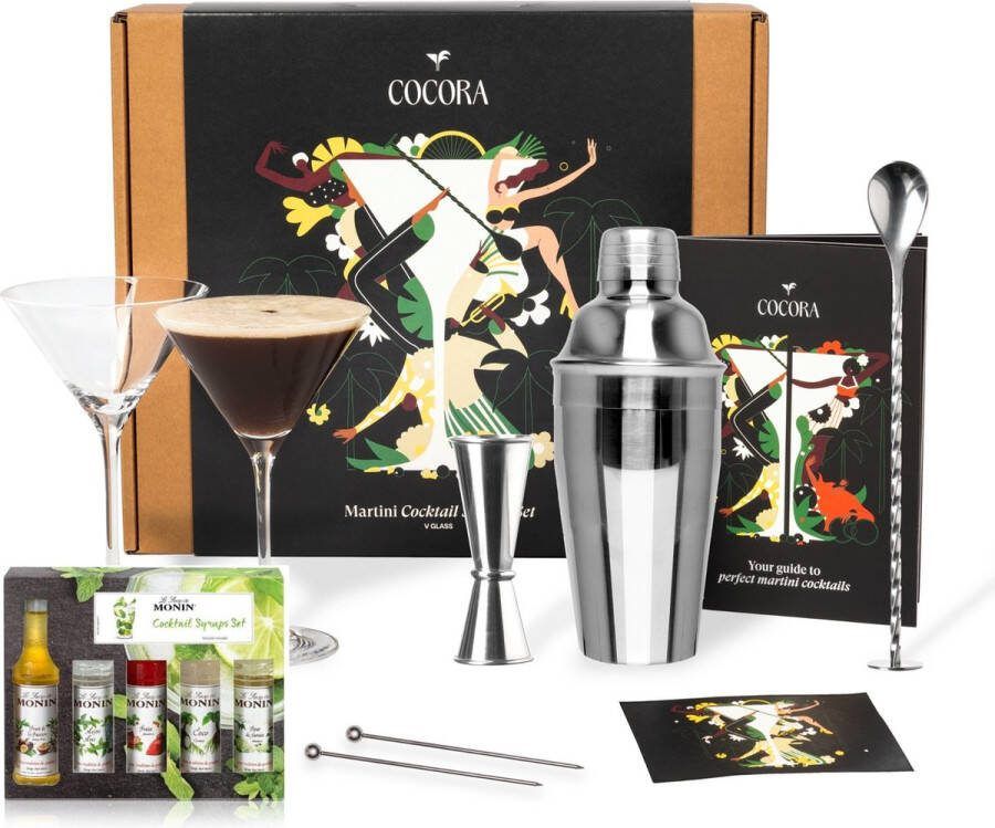 Cocora Mocktail Pakket Monin Siroop Cocktail Pakket met 9-delige Cocktail Set Cocktailshaker Martini Glazen Cocktail Boek met alcoholvrije recepten (Pornstar Espresso Martini) Zilver