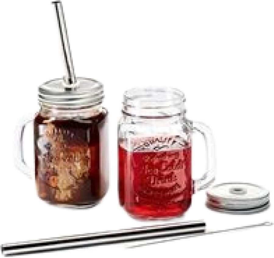 Coffee And Tea Brokers Ijsthee glas set 7 delig 2 glazen met deksel en ijzeren rietjes + borstel
