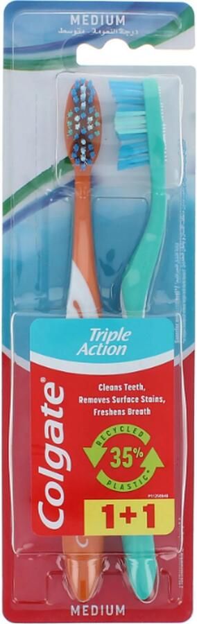 Colgate Triple Action 2 Pack Tandenborstel Medium Green-Orange