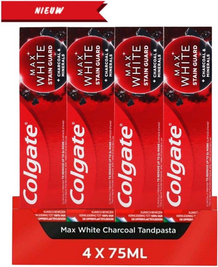 Colgate Max White Charcoal Whitening Stain Guard Tandpasta 4 x 75 ml Voordeelverpakking