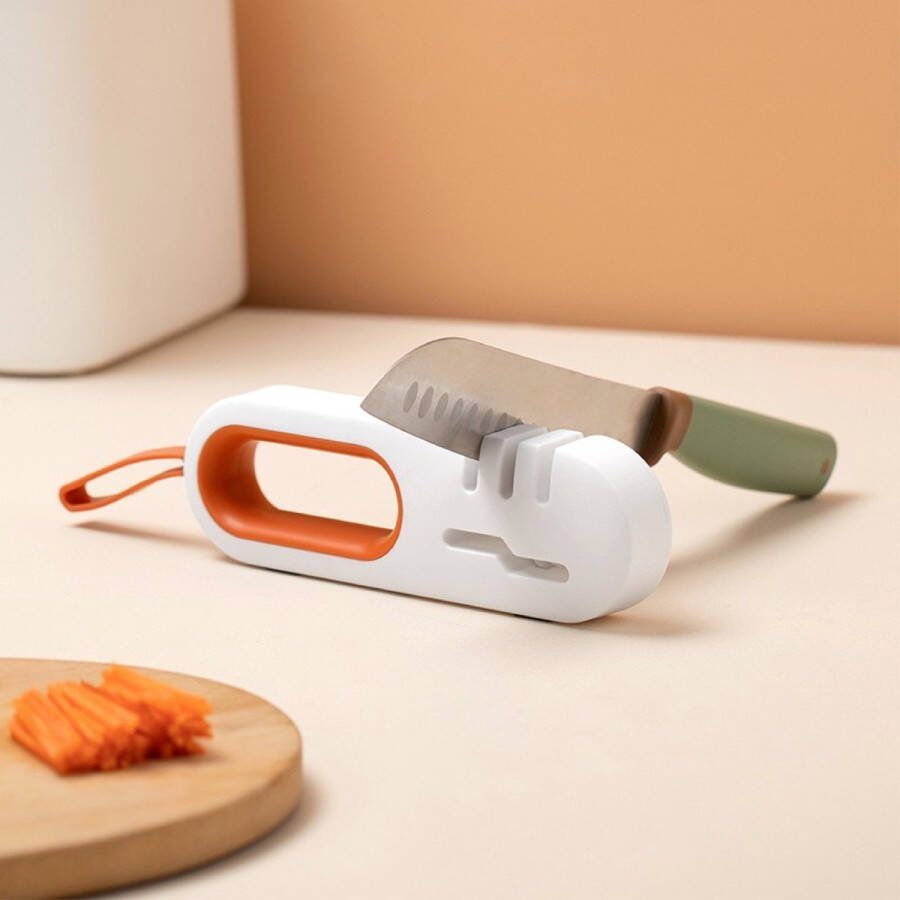Colorful Sun 4-in-1 Professionele Messenslijper 1 Stuk Anti Slip Knife Sharpener Doortrekslijper Aanzetstaal Schaarslijper en 3-Traps Messen Slijper in één 3 verschillende slijpkoppen Grof en fijn Oranje