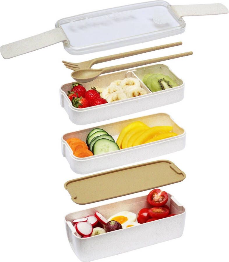 Colourfam Beige Lunchbox van Duurzaam en Eco Bento Lunchbox met 3 lagen inclusief Bestek Magnetron Vriezer Vaatwasser Bestendig Milieuvriendelijk Lunchbox Volwassenen Broodtrommel