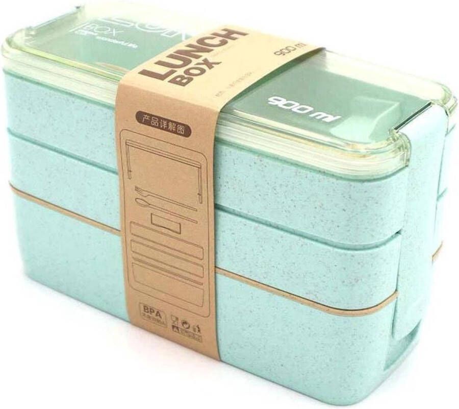 Colourfam Groene Lunchbox van Duurzaam en Eco Bento Lunchbox met 3 lagen inclusief Bestek Magnetron Vriezer Vaatwasser Bestendig Milieuvriendelijk Lunchbox Volwassenen Broodtrommel
