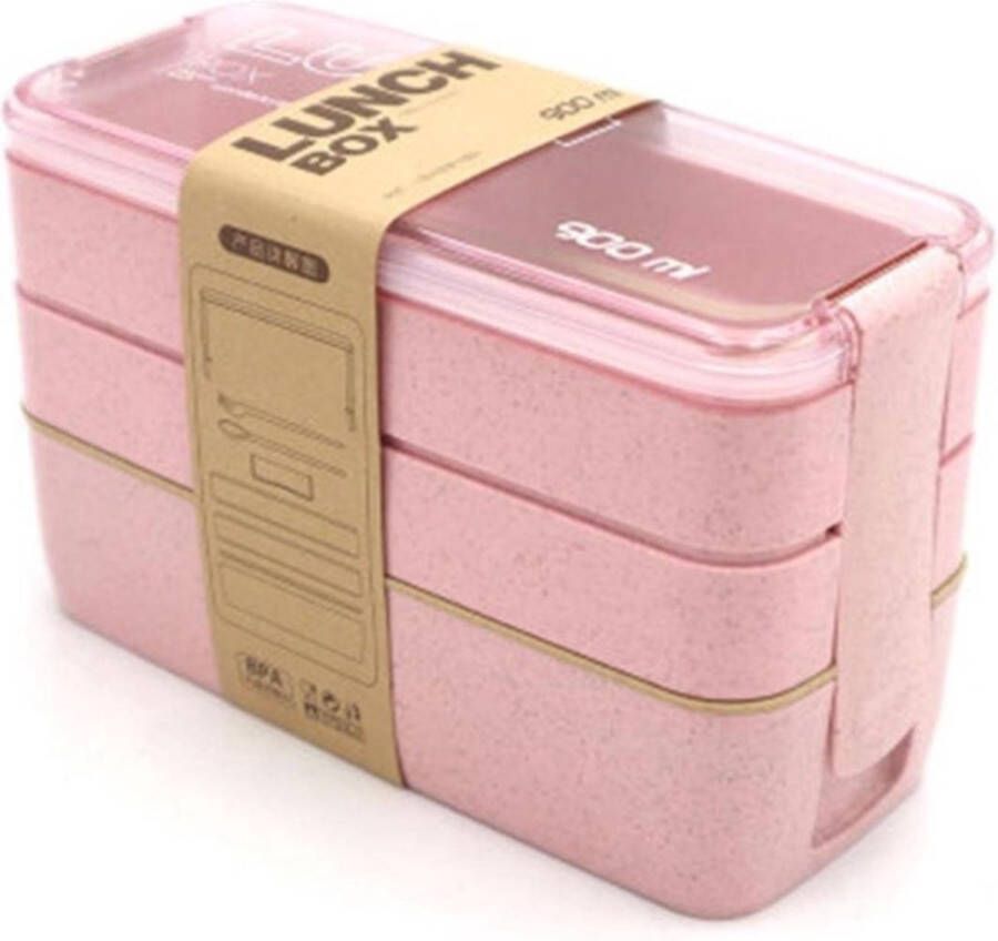 Colourfam Roze Lunchbox van Duurzaam en Eco Bento Lunchbox met 3 lagen inclusief Bestek Magnetron Vriezer Vaatwasser Bestendig Milieuvriendelijk Lunchbox Volwassenen Broodtrommel
