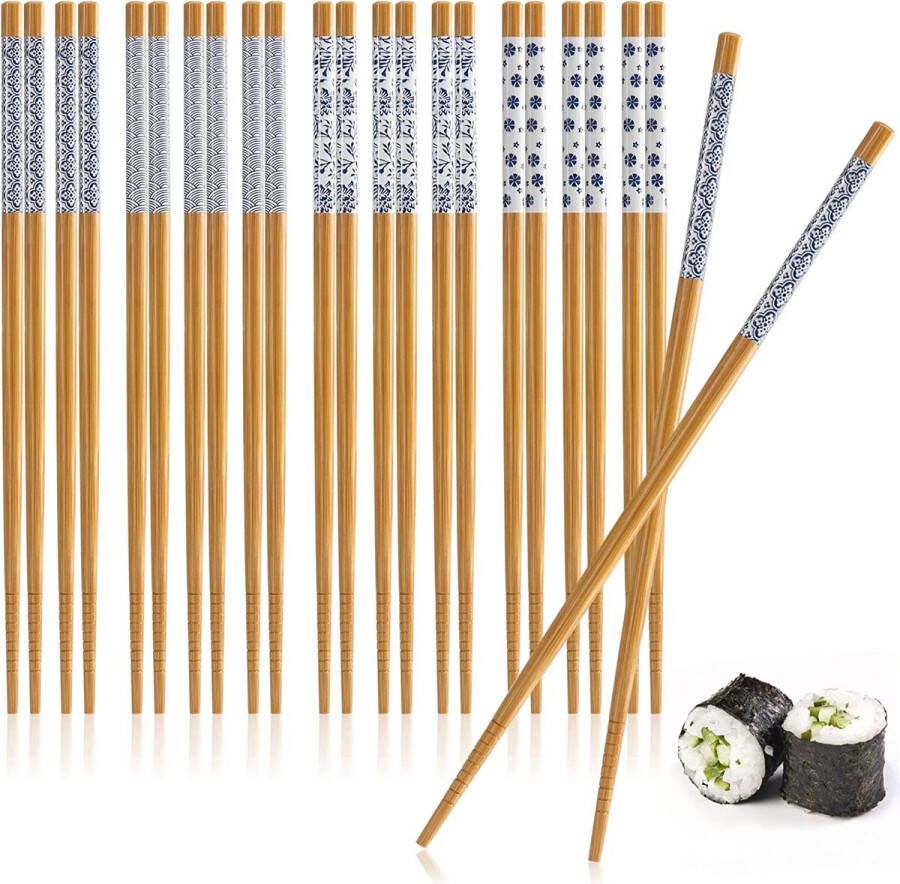 Com-four 12 paar bamboe eetstokjes herbruikbare eetstokjes houten stokkenset met blauw design bamboe bestek met sierrand houten eetstokjes