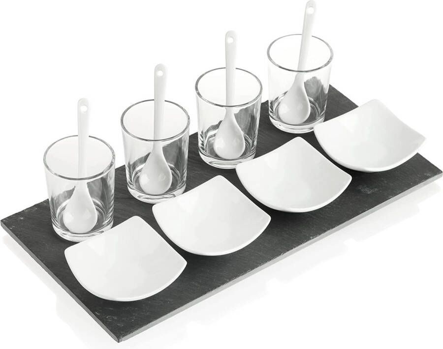 Com-four 13-delige serveerset leistenen plaat met glazen schaaltjes vierkant en lepels voor voorgerechten aperitieven en snacks keukenaccessoires (13-delig vierkant)