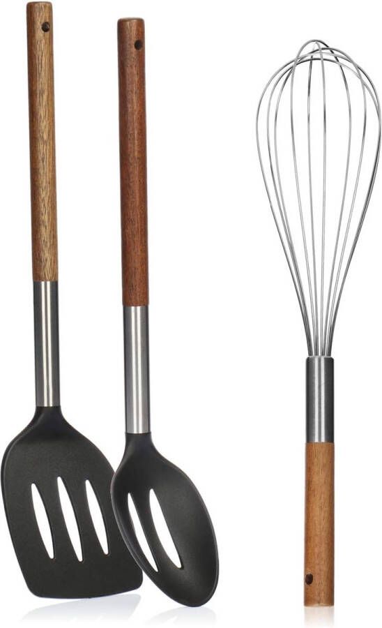 Com-four 3-delige Kitchen Tool Set-Kookbestek met spatel Garde en Sleuflepel-kookgerei met houten handvat