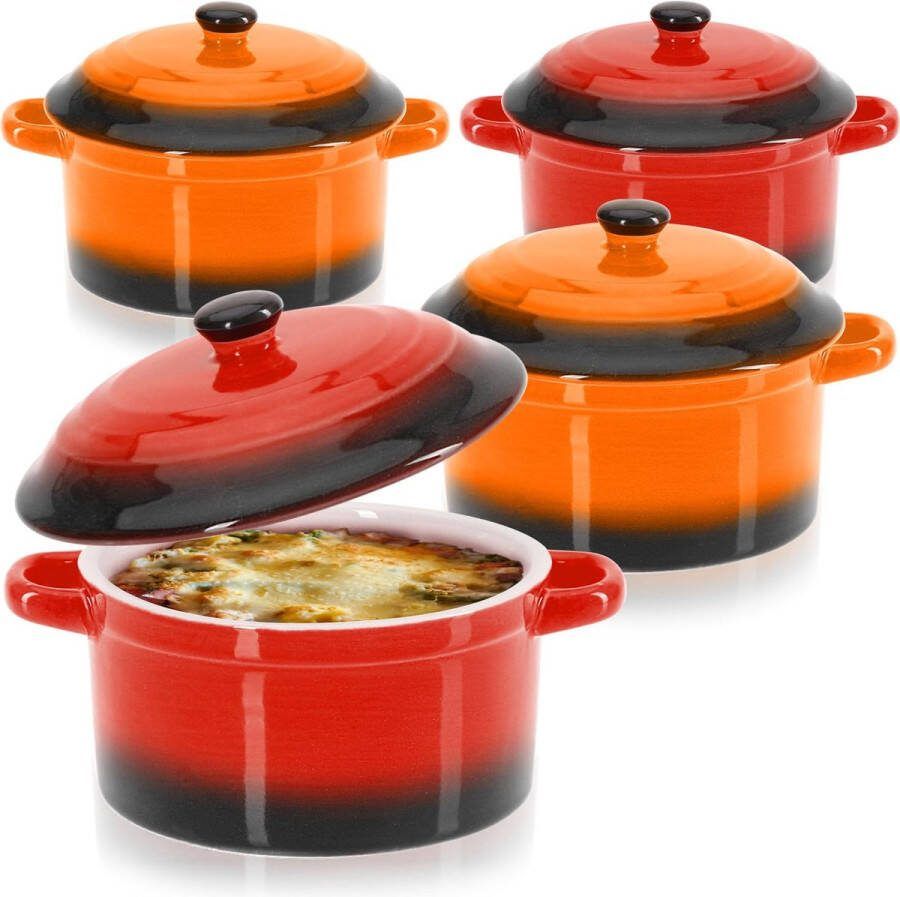 Com-four 4x braadpan met deksel van keramiek dessertkom voor bijv. Ragoutvin in oranje en rood 250 175 ml per schaal (4 stuks oranje. rood)