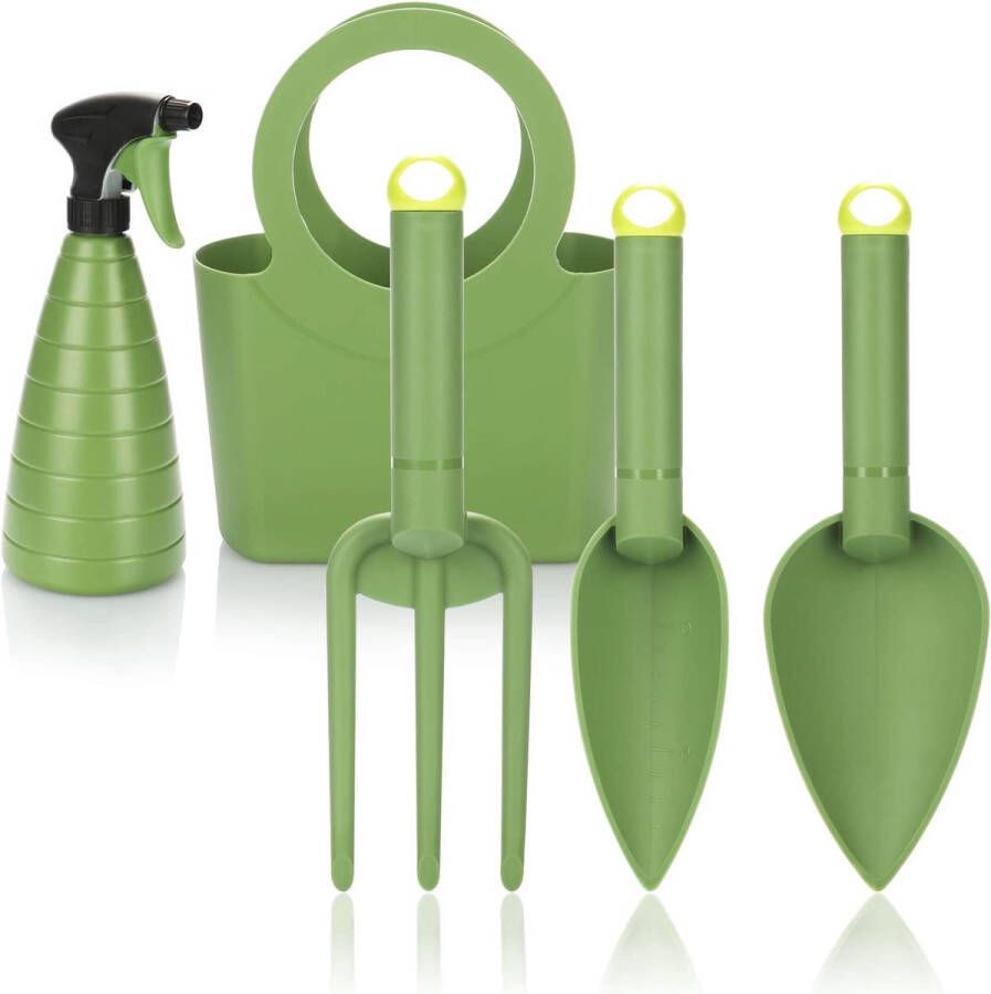 Com-four 5-delige premium tuingereedschapsset set tuinhulp van schoppen grafvork en spuitfles in praktische draagtas voor het bewaren (05-delig groen)