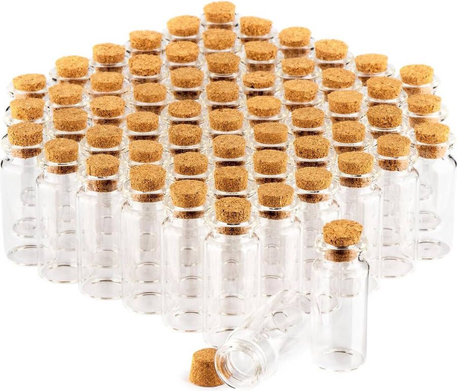 Com-four 60x kruidenpotjes 10ml met kurk set mini glazen flesjes cadeauglazen set opslag van oliën specerijen kruiden of thee (060 stuks)