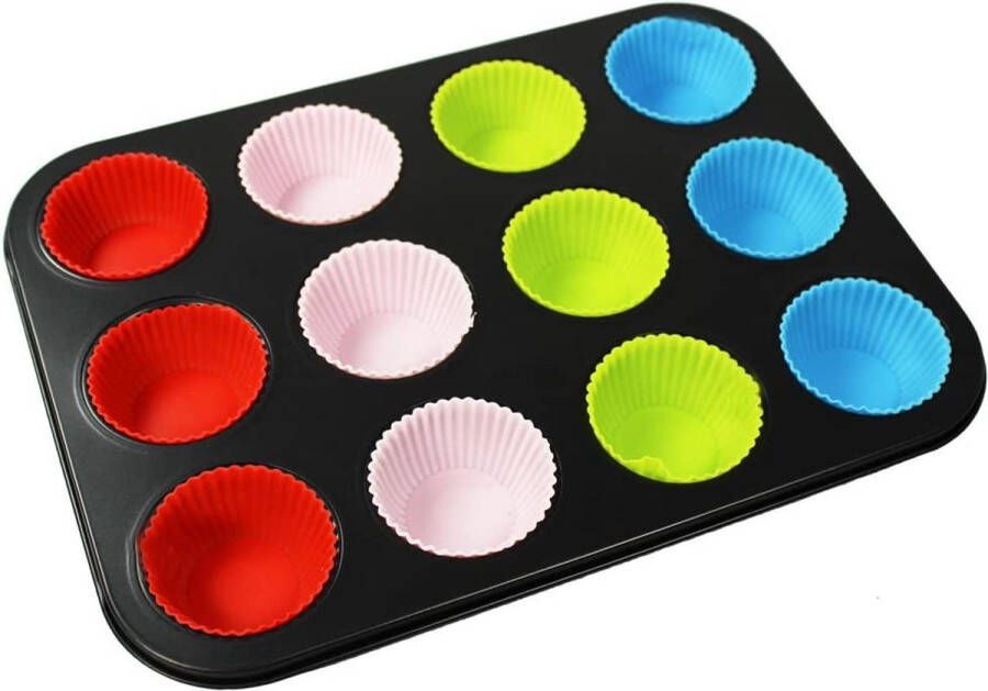 Com-four muffin bakvorm gemaakt van koolstofstaal met 12 kleurrijke siliconen mallen antiaanbaklaag 35 x 26 5 cm