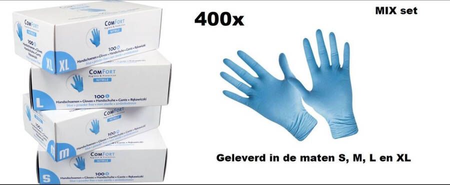 Comfort 400x Mix Handschoenen nitril blauw mt.S mt.M mt.L en mt. XL bacteriën virussen wegwerp handschoenen Nitril handschoen poedervrij 400 stuks
