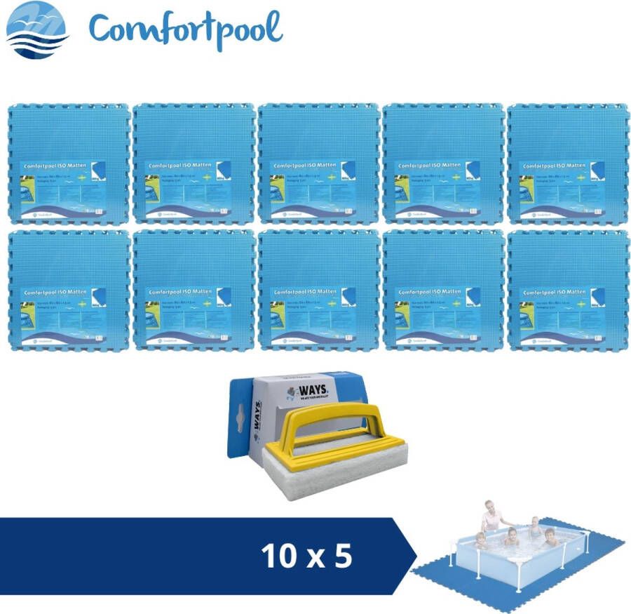 Comfortpool Zwembadtegels 60x60 cm Blauw 10 verpakkingen van 5 stuks & WAYS scrubborstel