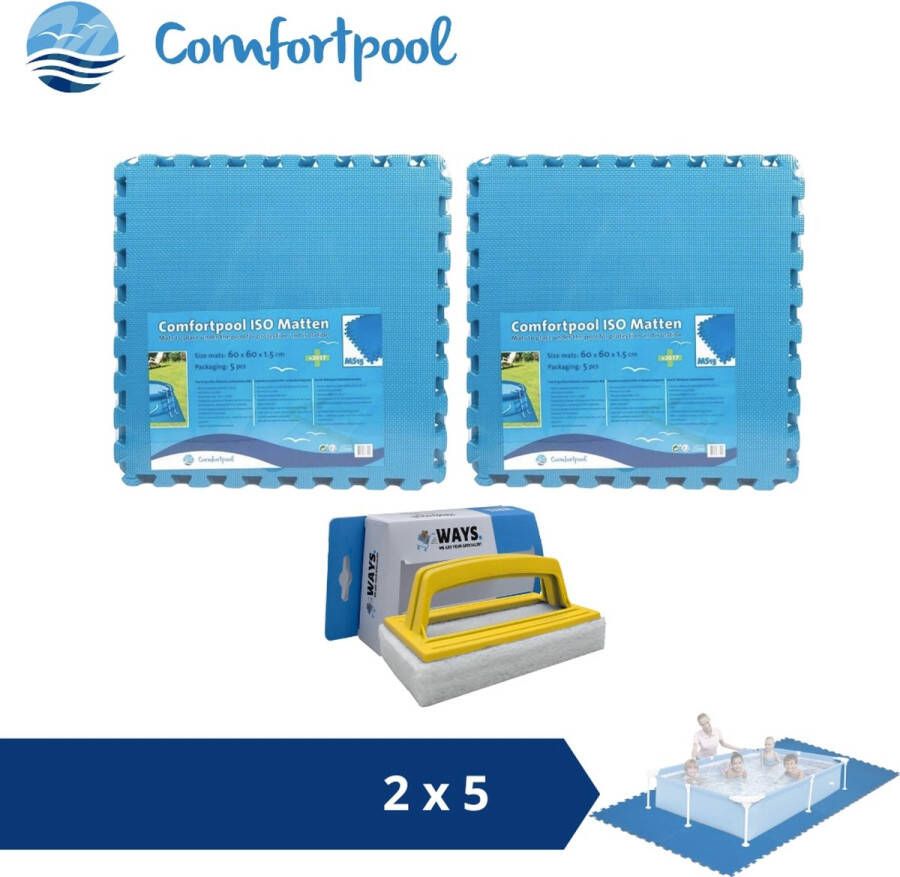 Comfortpool Zwembadtegels 60x60 cm Blauw 2 verpakkingen van 5 stuks & WAYS scrubborstel
