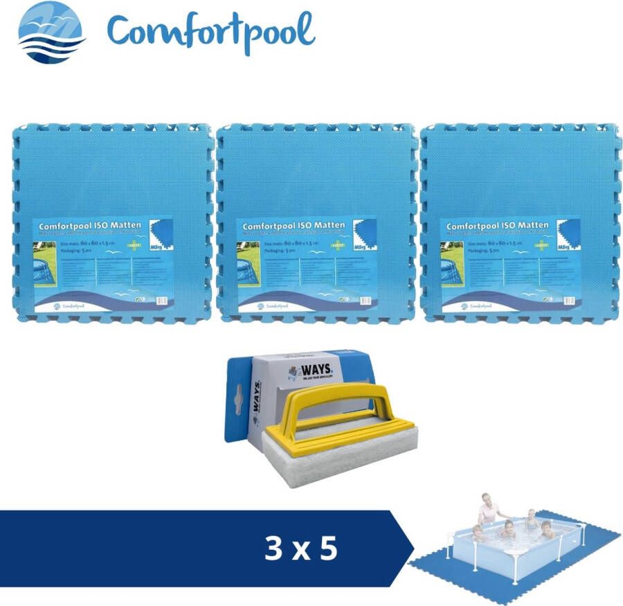 Comfortpool Zwembadtegels 60x60 cm Blauw 3 verpakkingen van 5 stuks & WAYS scrubborstel