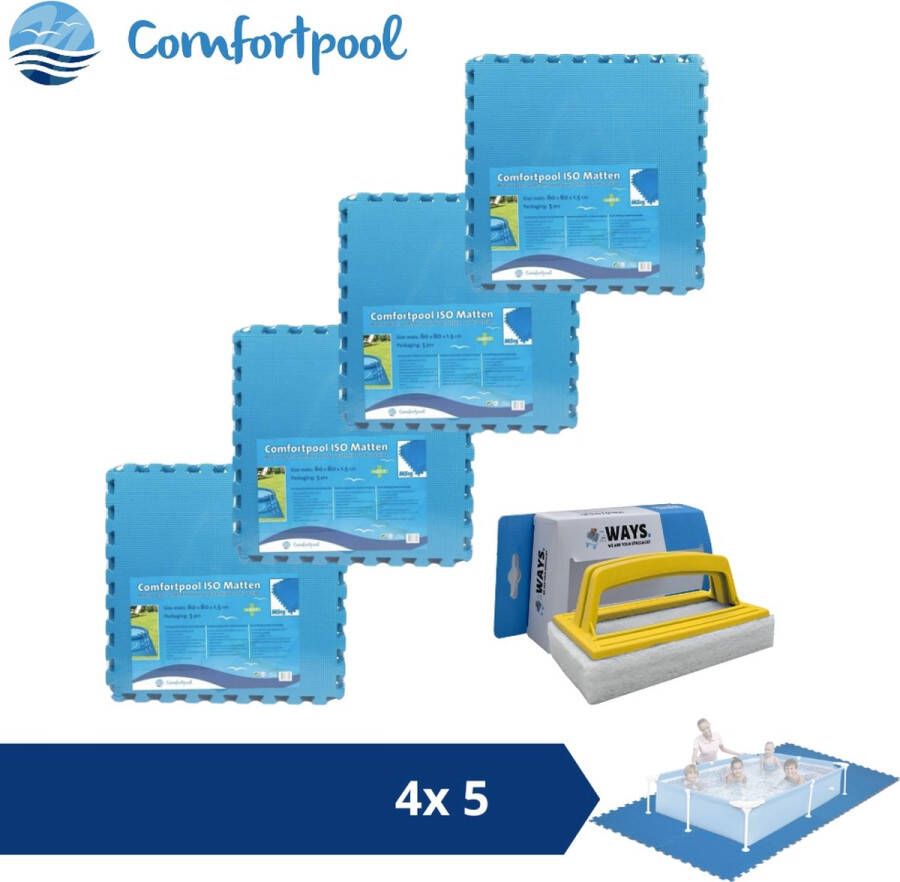 Comfortpool Zwembadtegels 60x60 cm Blauw 4 verpakkingen van 5 stuks & WAYS scrubborstel