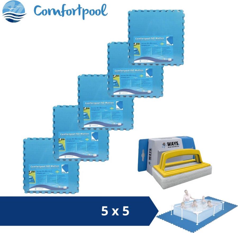 Comfortpool Zwembadtegels 60x60 cm Blauw 5 verpakkingen van 5 stuks & WAYS scrubborstel