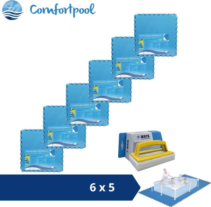Comfortpool Zwembadtegels 60x60 cm Blauw 6 verpakkingen van 5 stuks & WAYS scrubborstel