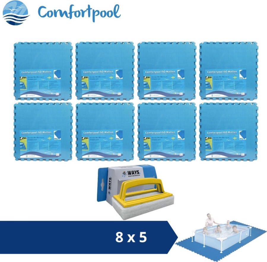 Comfortpool Zwembadtegels 60x60 cm Blauw 8 verpakkingen van 5 stuks & WAYS scrubborstel