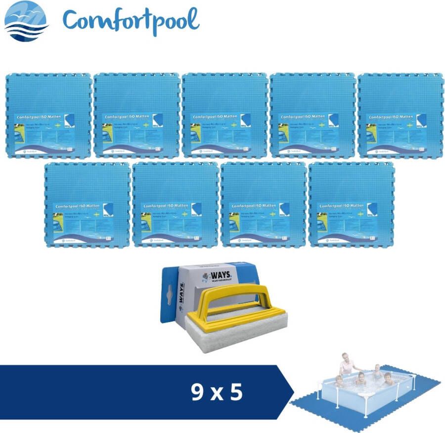 Comfortpool Zwembadtegels 60x60 cm Blauw 9 verpakkingen van 5 stuks & WAYS scrubborstel