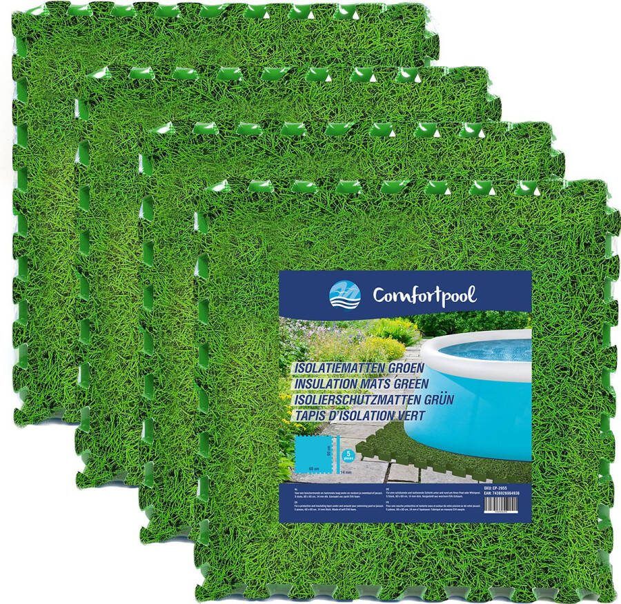 Comfortpool Zwembadtegels groen – Voordeelpakket 40 stuks Vloertegels met graslook 60 x 60 cm 1 4 cm dik Isolatie en bescherming Voor jacuzzi's en zwembaden Inclusief afwerkrand