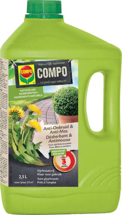 Compo Anti-Onkruid & Anti-Mos Klaar-voor-gebruik Opritten & Paden natuurlijke ingrediënten eerste resultaten binnen 3 uur bidon 2 5 L (25 m²)