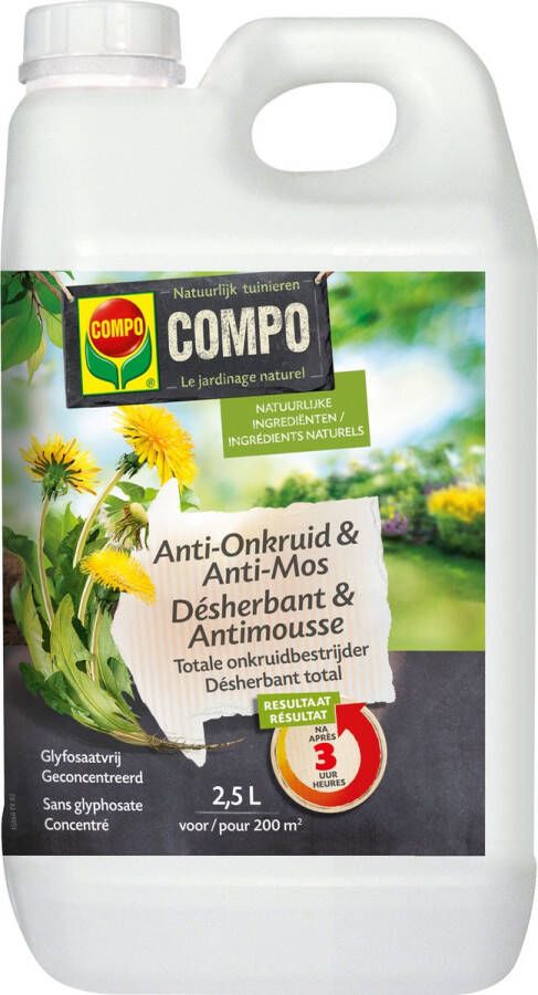 Compo Anti-Onkruid & Anti-Mos totaal natuurlijke ingrediënten eerste resultaten binnen 3 uur bidon 2 5L (200 m²)