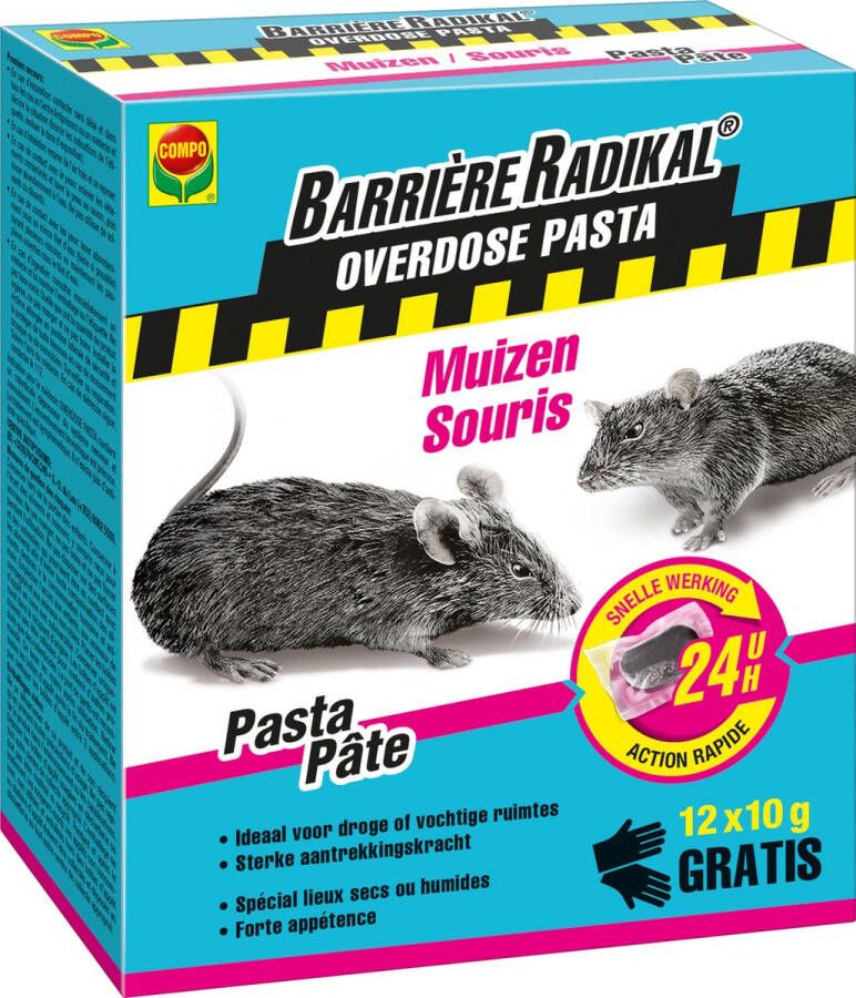 Compo Barriere Radikal Overdose Pasta 24H Muizen droge en vochtige ruimtes snelle werking 24 uur 12 x 10 g