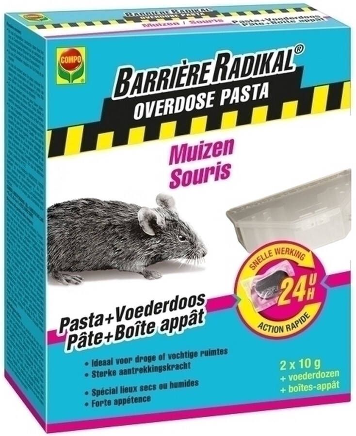 Compo Barriere Radikal Overdose Pasta 24H Muizen voorgedoseerde zakjes in voederdoos droge en vochtige ruimtes snelle werking 24 uur 2 x 10 g