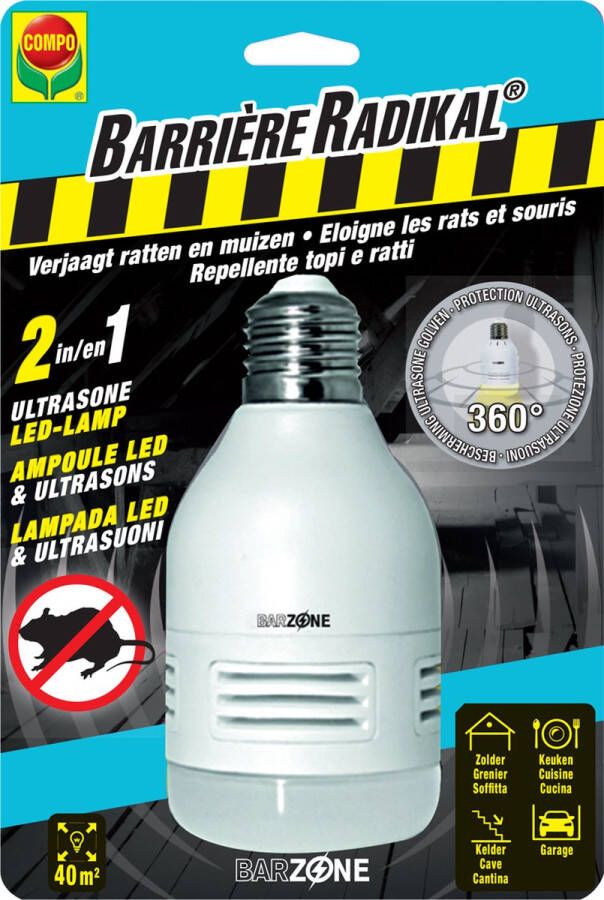 Compo Barrière Radikal Ultrasone LED-lamp verjaagt ratten en muizen 360° variërende ultrasone golven voor zolder keuken en garage 1 stuk