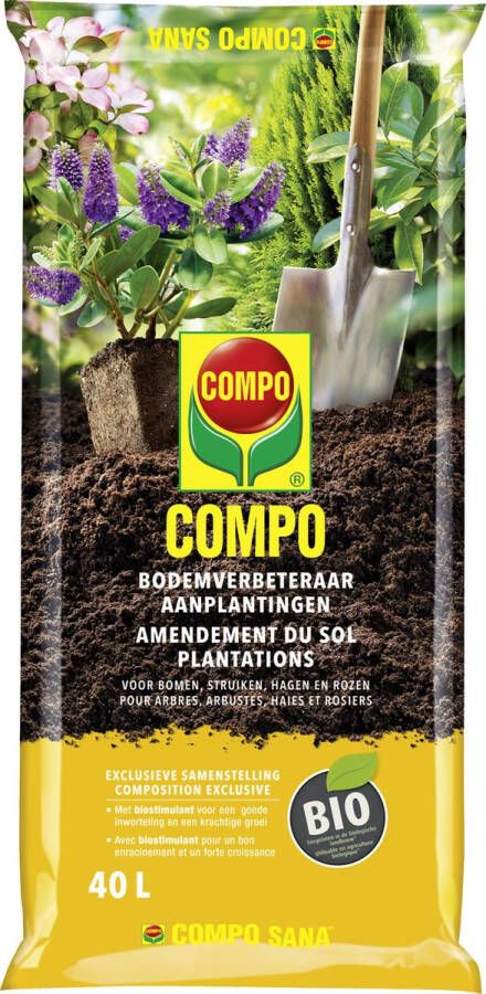 Compo Bio Bodemverbeteraar Aanplantingen 100% natuurlijk met biostimulant voor bomen struiken hagen en rozen zak 40L