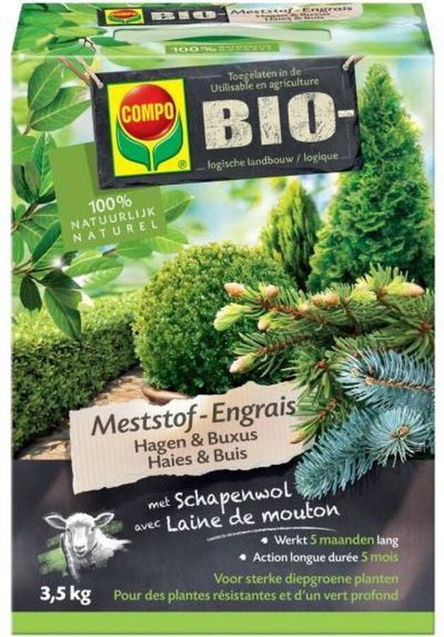 Compo Bio Meststof Hagen en Buxus 100% organische meststof met directe en lange werking van 5 maanden voor sterke diepgroene planten doos 3 5 kg