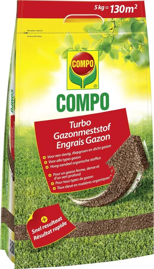 Compo Turbo Gazonmeststof stofvrije korrels met heel snelle werking rijk aan organische elementen ook geschikt voor strooiwagens zak 5kg (130 m²)