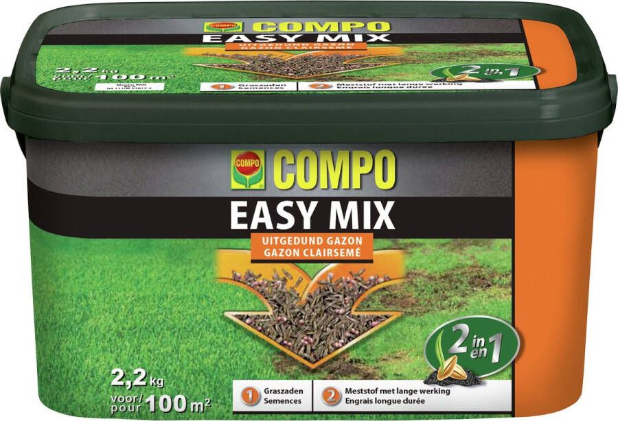 Compo Easy Mix 2 in 1 : zaaien en bemesten voor herstel van uitgedunde gazons emmer 2 kg (100 m²)