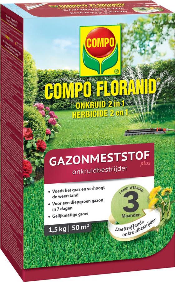 Compo Gazonmeststof plus Onkruidbestrijder lange werking 3 maanden diepgroen gazon in 7 dagen doos 1 5 kg (50 m²)