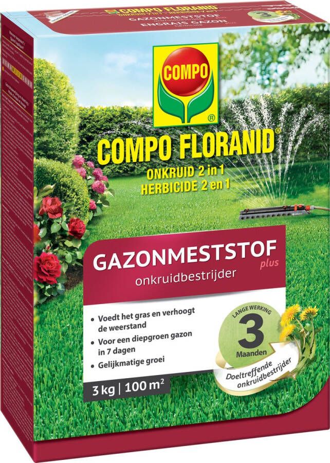 Compo Gazonmeststof plus Onkruidbestrijder lange werking 3 maanden diepgroen gazon in 7 dagen doos 3 kg (100 m²)