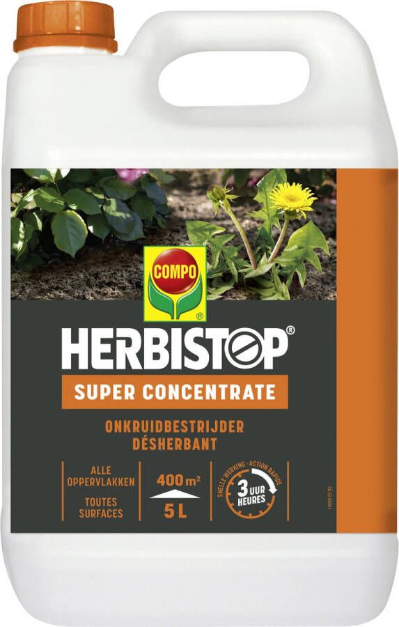 Compo Herbistop Super Alle Oppervlakken geconcentreerde onkruid- en mosbestrijder snelle werking bidon 5 L (400 m²)