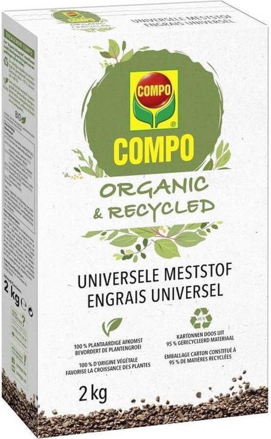 Compo Organic & Recycled Universele Meststof 100% organisch voor alle planten verpakking uit herbruikte materialen doos 2 kg
