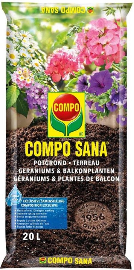 Compo SANA Potgrond Geraniums & Balkonplanten incl. meststof 100 dagen werking voor een prachtige rijke bloei zak 20L