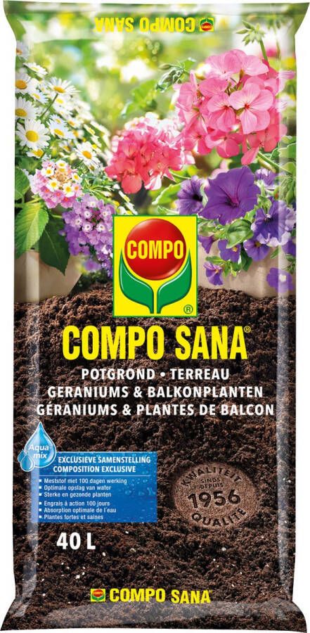 Compo SANA Potgrond Geraniums & Balkonplanten incl. meststof 100 dagen werking voor een prachtige rijke bloei zak 40L