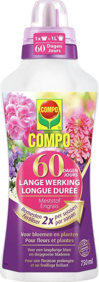Compo Vloeibare Meststof 60 Dagen Lange Werking voor bloemen en planten voor een prachtige langdurige bloei fles 750 ml