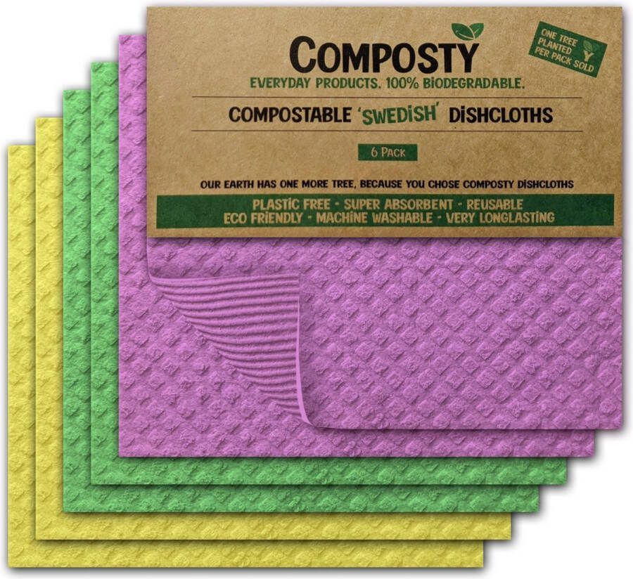 Composty Super Absorberende Eco Zweedse Vaatdoek |6 Pack Assorti kleuren