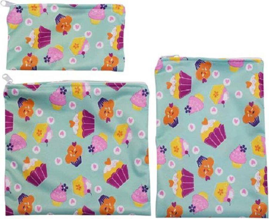 Compra Herbruikbare Boterhamzakjes Cup Cakes Voorzien van rits Vrolijke kleuren 3 stuks